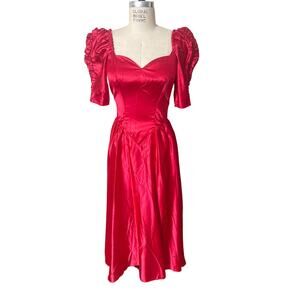 Vintage 80s Red Satin Long Party Dress with Bow & Train Size Small/ Medium